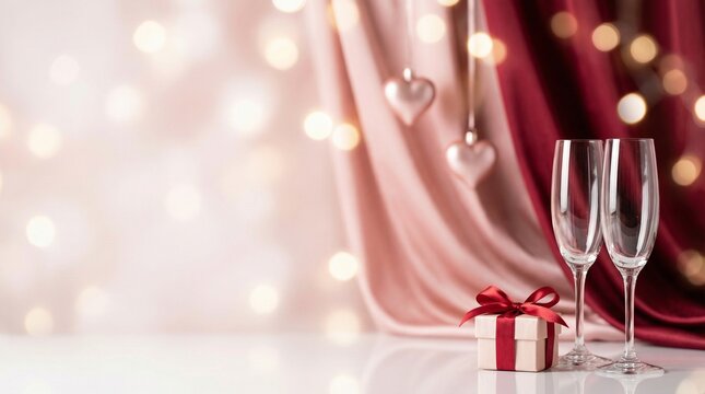Imagen comercial de San Valent&iacute;n con fondo rom&aacute;ntico y elegante, corazones y luces suaves, dise&ntilde;o moderno con espacio para texto, ideal para campa&ntilde;as publicitarias, promociones y marketing digital.