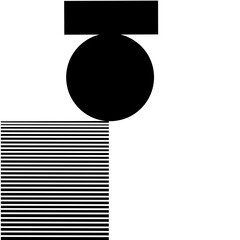 Black circle overlaps a solid rectangle above and a stacked striped block below, creating a striking minimalist abstract design that emphasizes contrast, balance, and modern graphic form.