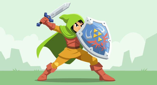 Cartoon character with sword and shield in fighting stance.