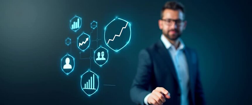 Business professional interacts with digital SEM interface, gently glowing icons animate as camera slowly pans, showcasing a modern, cinematic office environment for marketing success.