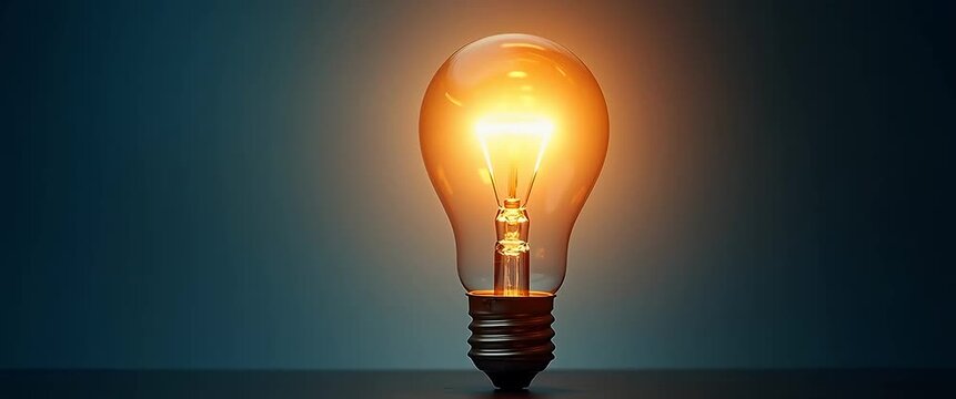 A glowing light bulb radiates warm illumination in a minimalist setting, with gentle ambient flickering and a slow pan, capturing innovation and creativity in a cinematic, stock-friendly style.