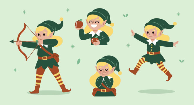 Cartoon elf character in various dynamic poses with bow and arrow.