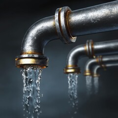 A trio of weathered metallic pipes gently releases clear water, with glistening droplets creating reflections in the dim, industrial light, providing a strong image.