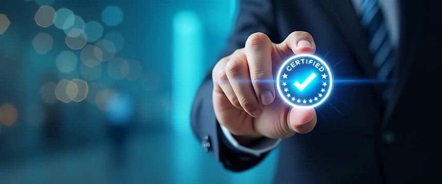 Confident hand holds a glowing certified badge in focus, as camera slowly pans across a blurred corporate background with soft, ambient bokeh lights, in a cinematic, professional style.