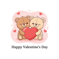Cute Teddy Bear Couple Hugging a Big Heart Valentine's Day Illustration