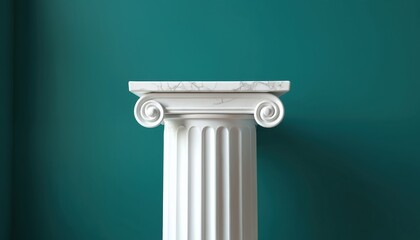 White ionic column with marble top stands against teal wall. Classical architecture element, ancient Greek or Roman style pillar. Interior design, decorative prop, or conceptual placeholder.
