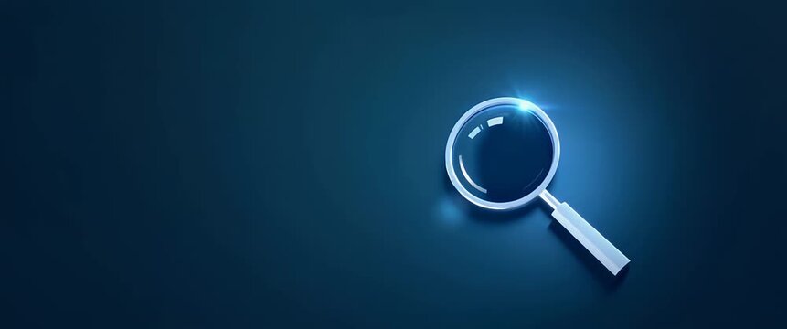 Magnifying glass rotates slowly on a sleek dark surface, lens reflecting gentle ambient light; camera executes a slow pan, highlighting detail in a minimalist, cinematic style.