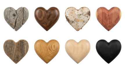 Fototapeta premium Wooden heart ornaments set including weathered, walnut, birch bark, cedar, rustic, oak, maple, and black wood finishes isolated. Romantic decoration and craft collection.