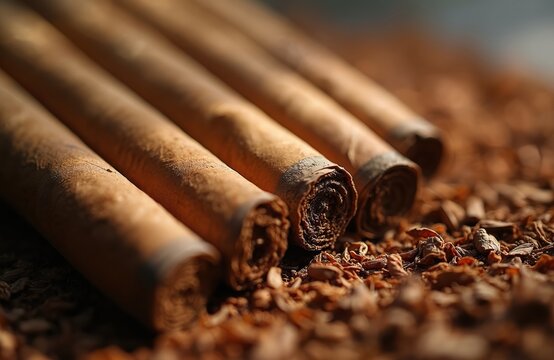 Line of hand-rolled cigarillos laid on loose tobacco leaves. Close up view of brown cigar products and dry plant matter, signifying smoking habit and luxury.