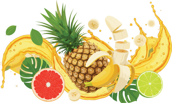 Fresh tropical fruit splash composition with pineapple, banana, lime, grapefruit, and juice waves for healthy design.