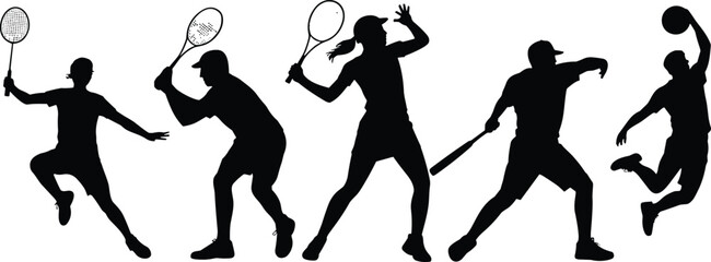 Sports player silhouettes set in action poses, black and white athlete illustration collection for tennis, baseball, basketball and competitive game themes.