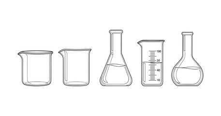 Outline of different laboratory glassware illustrations including beakers and flasks