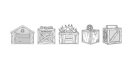 Fototapeta premium Black and white workshop icons with crates and tools
