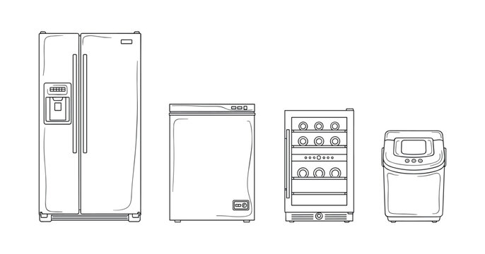 Minimalist line drawings of kitchen appliances: refrigerator, dishwasher, wine cooler, ice maker