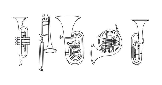Outline illustration of five brass instruments: trumpet, trombone, tuba, french horn, euphonium