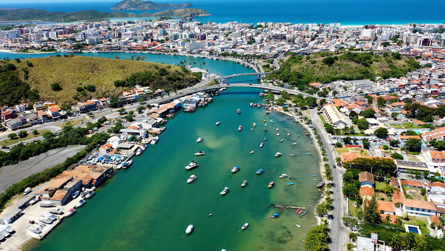 Scenic River In Cabo Frio Rio De Janeiro Brazil. Breathtaking Aerial View Of A Lush Tropical Coastline Scenery. Shore Sky Clouds Beach Sea. Seaside Panorama. Cabo Frio Rio de Janeiro.