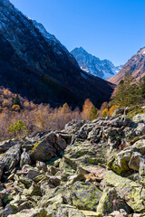 View of a high-mountain gorge on Dombai in the Teberda Nature Reserve