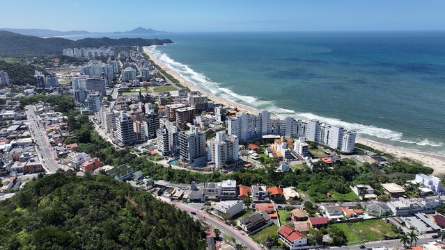 Angry Beach In Itajai Santa Catarina Brazil. Aerial View Of Stunning Beach With Crystal Clear Waters. Business Sky Clouds Downtown Cityscape. Outdoor Downtown Panning Wide. Itajai Santa Catarina.