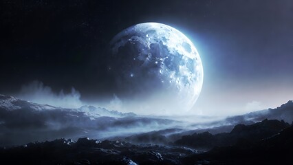 Lunar Radiance: Celestial Moonlit Landscape with Mountain Peaks and Starlit Sky