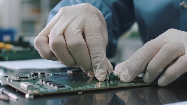 Hands assemble small components on a circuit board in a workshop setting during the day