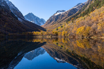 The Baduk lake and slopes covered with autumn forest in the gorge on Dombai