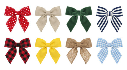 Fabric ribbon bow set including polka dot, linen, velvet, striped, plaid, yellow, burlap, and gingham styles isolated. Fashion accessories and gift decor collection.