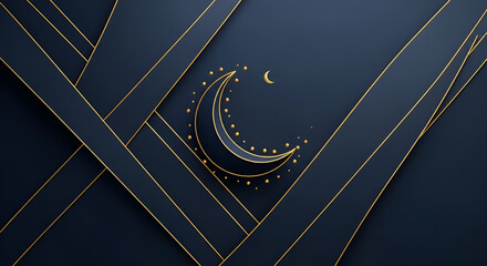 Obraz premium Elegant Islamic Geometric Pattern with Crescent Moon and Stars in Dark Blue and Gold