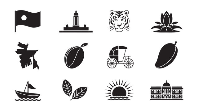 Bangladesh culture icon set featuring national symbols with mosque, tiger, rickshaw, and traditional boat representing Bengali heritage and cultural identity elements