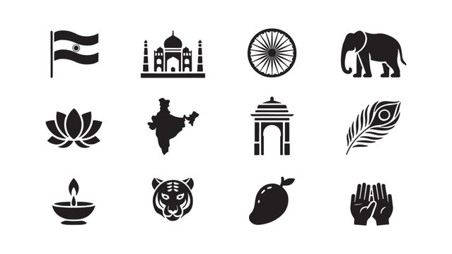 Indian culture icon set with Taj Mahal, lotus flower, elephant, and tiger symbols showcasing India landmarks, spirituality, and traditional heritage design elements