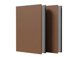 Two brown hardcover books with visible pages standing upright