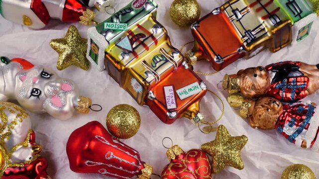Festive holiday travel decorations on white background. Vintage-style Christmas ornaments featuring city names like Boston, New York, Paris, Chicago and Los Angeles. 