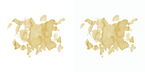 Golden brown watercolor splashes and drips, abstract background for design, isolated on white