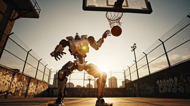 Advanced robot performing a powerful slam dunk in an urban basketball court