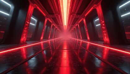 Fototapeta premium Futuristic sci fi corridor with bright red neon lights. Dark tunnel leads into misty glowing light. High tech pathway with glowing floor and ceiling. Sleek modern abstract design.