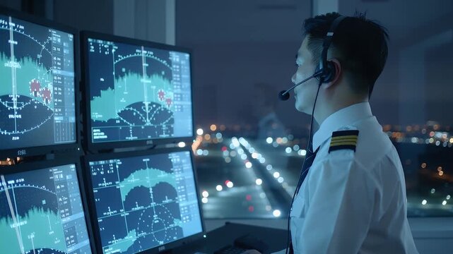 Air traffic controller monitors flight paths at night in a busy airport control tower
