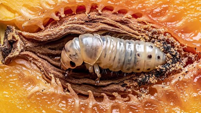 Growing fruit fly maggot developing inside a peach pit