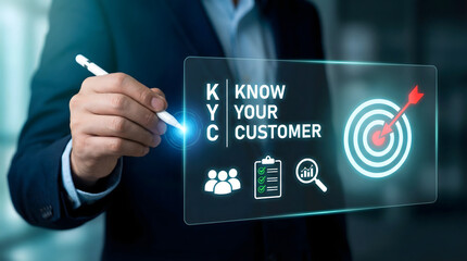 A professional interacts with a futuristic digital interface showing Know Your Customer KYC concept and icons for data analysis and business targeting