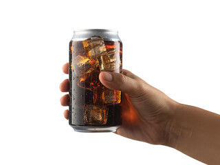 Hand holding a can of chilled dark soda with ice cubes