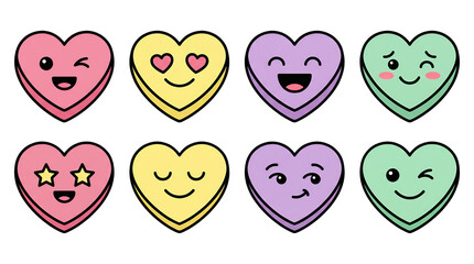 Fototapeta premium Colorful candy hearts set including pink, yellow, purple, and green kawaii emoji expressions isolated. Valentine's Day and romantic decoration.