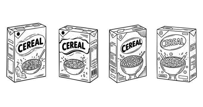 Set of cereal box sketches with spoon and bowl designs