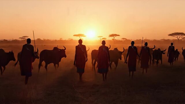 Maasai Tribesmen Herding Cattle in African Savannah at Sunrise