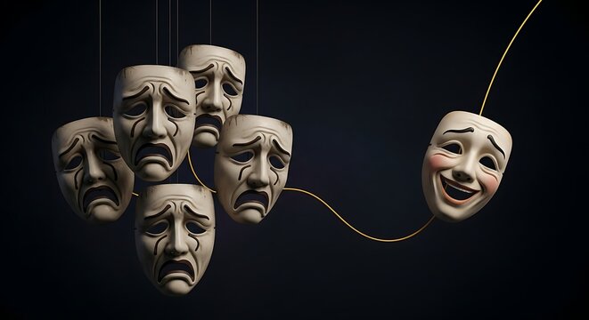 Theatrical masks: five sad faces hang down, while one happy face is pulled forward on a string, symbolizing contrasting emotions.