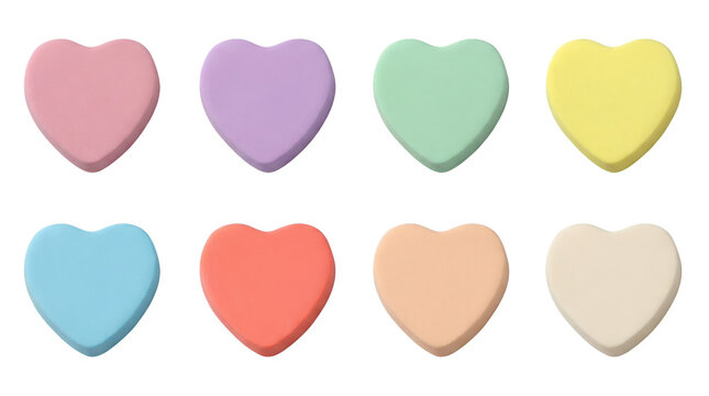 Pastel candy heart set including pink, purple, green, yellow, blue, red, peach, and white variants isolated. Valentine's Day sweets and romantic confectionery collection.
