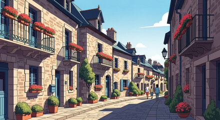 Obraz premium Quaint european street with historic buildings flower boxes and potted plants on a sunny day
