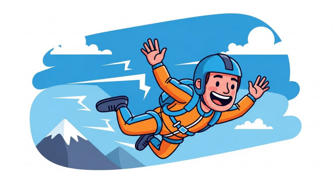 Smiling cartoon man skydiving freely in blue sky with mountains