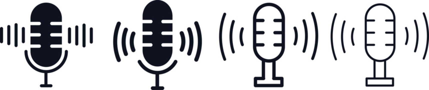 Podcast microphone icon solid. Music and talk show icons. Popular audio streaming icons. Podcast logo button, Sound recording symbols.
