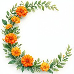Obraz premium Crescent shaped watercolor garland with bright orange marigold flowers and green leaves. Floral decorative border for greeting card or invitation. Organic nature art.