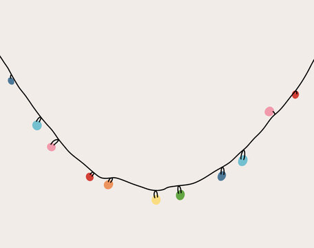 Christmas Rainbow Garland Isolated on Clean Background. Glowing Colorful Light Bulb. Xmas, New Year, Wedding, Birthday Decor. Party Event Theme. Banner with Copy Space