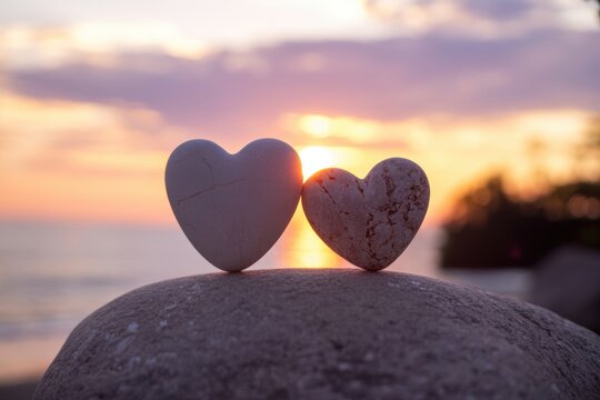 Two heart-shaped stones on a rock at sunset with ocean and sky