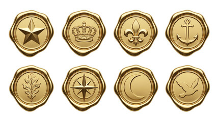 Gold wax seal set including star, crown, fleur-de-lis, anchor, oak leaf, compass, moon, and bird icons isolated. Luxury stationery and invitation decoration elements.